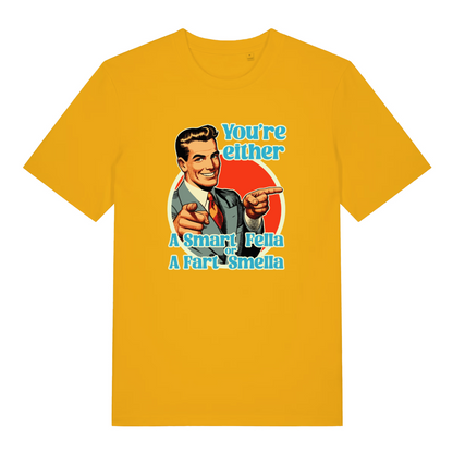 yellow funny graphic t-shirt with a graphic of a man pointing and text 'You're either a smart fella or a fart smella' 