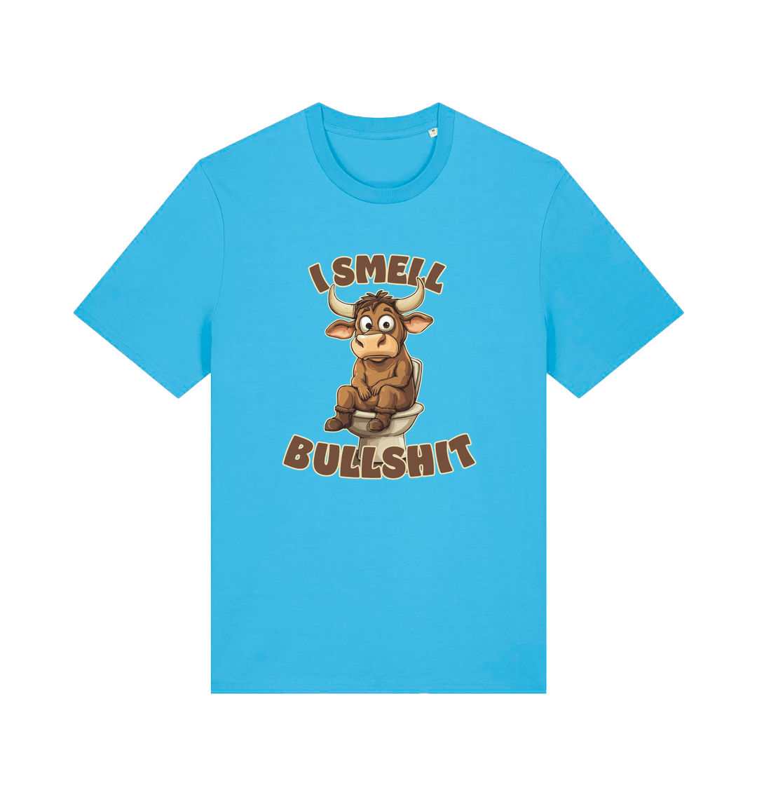 blue funny animal t-shirt with the graphic of a bull sat on the toilet and the slogan 'i smell bullshit'