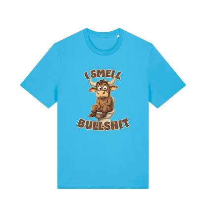 blue funny animal t-shirt with the graphic of a bull sat on the toilet and the slogan 'i smell bullshit'