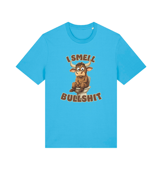 blue funny animal t-shirt with the graphic of a bull sat on the toilet and the slogan 'i smell bullshit'