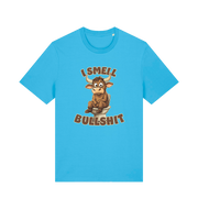 blue funny animal t-shirt with the graphic of a bull sat on the toilet and the slogan 'i smell bullshit'