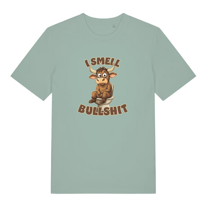 light green funny t-shirt with the graphic of a cartoon bull sat on the toilet and the slogan 'i smell bullshit'