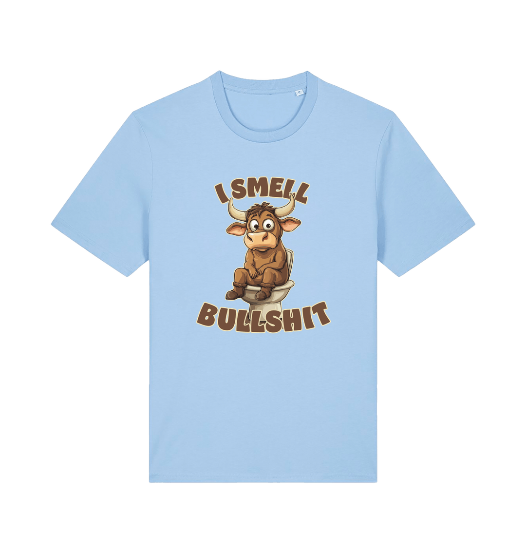 light blue funny animal t-shirt with the graphic of a bull sat on the toilet and the slogan 'i smell bullshit'