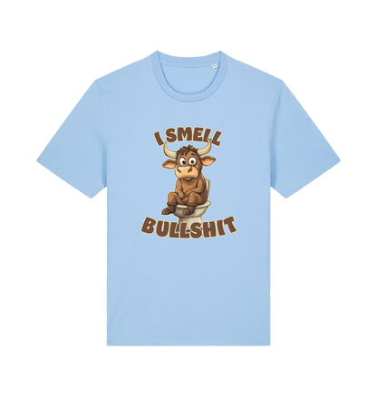 light blue funny animal t-shirt with the graphic of a bull sat on the toilet and the slogan 'i smell bullshit'