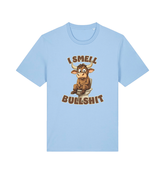 light blue funny animal t-shirt with the graphic of a bull sat on the toilet and the slogan 'i smell bullshit'