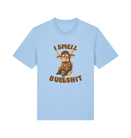 light blue funny animal t-shirt with the graphic of a bull sat on the toilet and the slogan 'i smell bullshit'