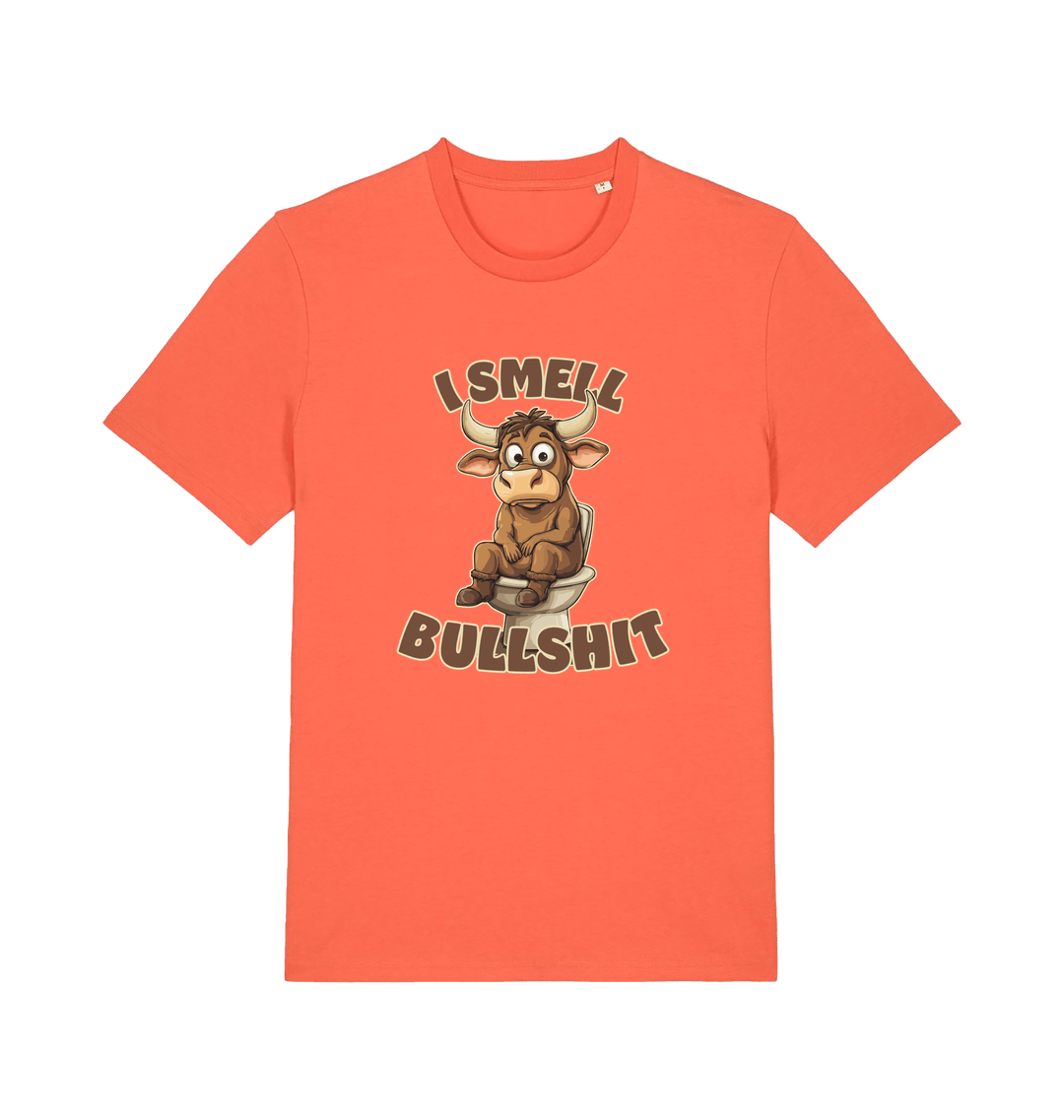 orange funny animal t-shirt with the graphic of a bull sat on the toilet and the slogan 'i smell bullshit'