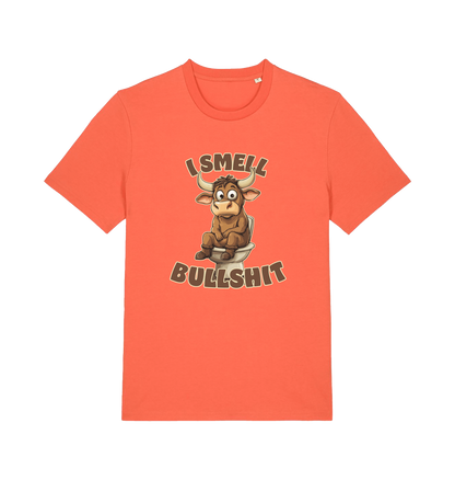 orange funny animal t-shirt with the graphic of a bull sat on the toilet and the slogan 'i smell bullshit'