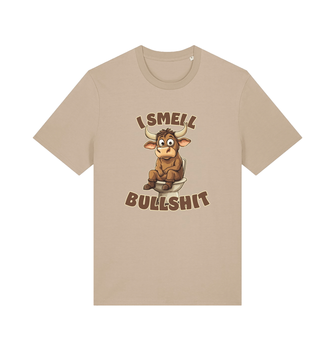 sand funny animal t-shirt with the graphic of a bull sat on the toilet and the slogan 'i smell bullshit'