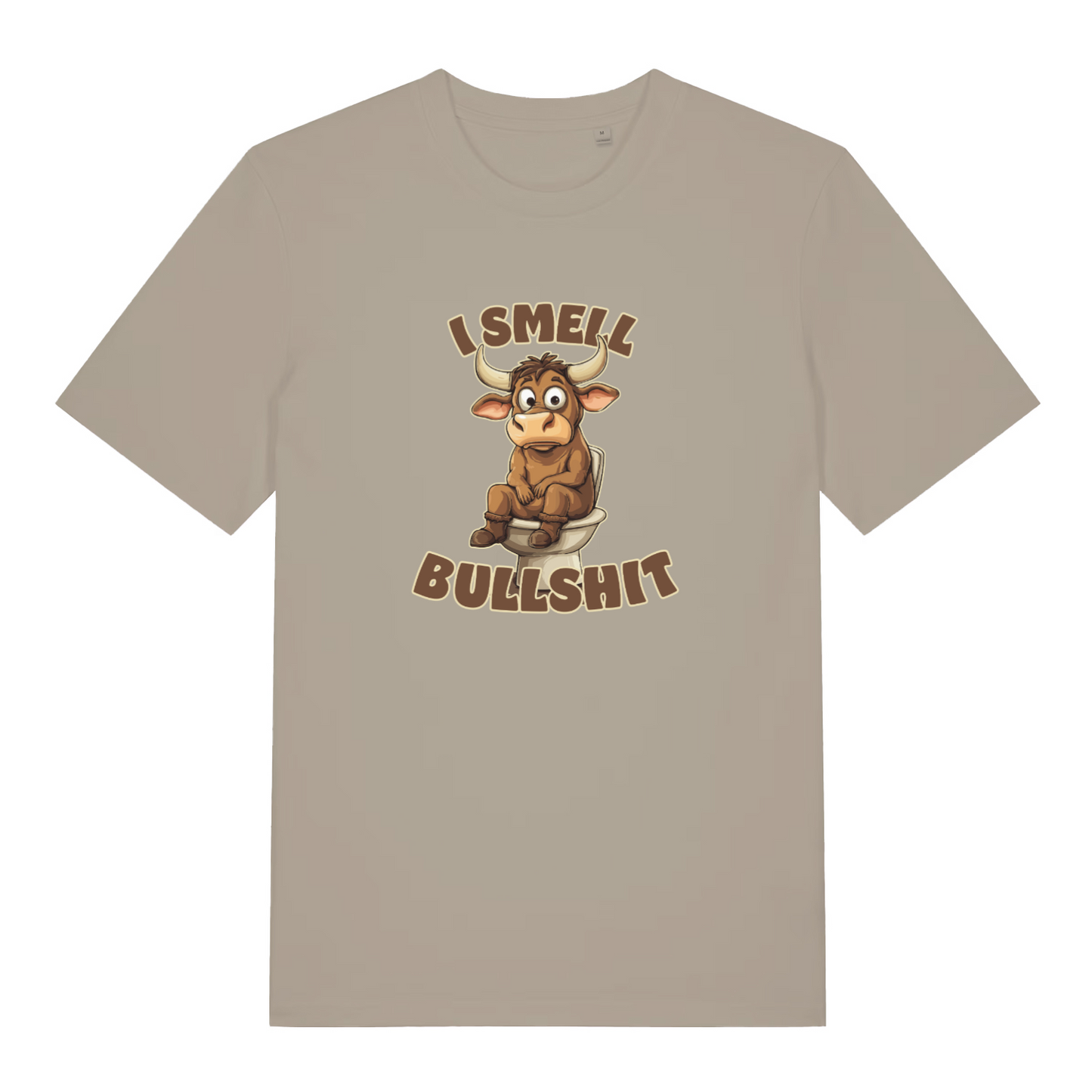 stone funny t-shirt with the graphic of a cartoon bull sat on the toilet and the slogan 'i smell bullshit'