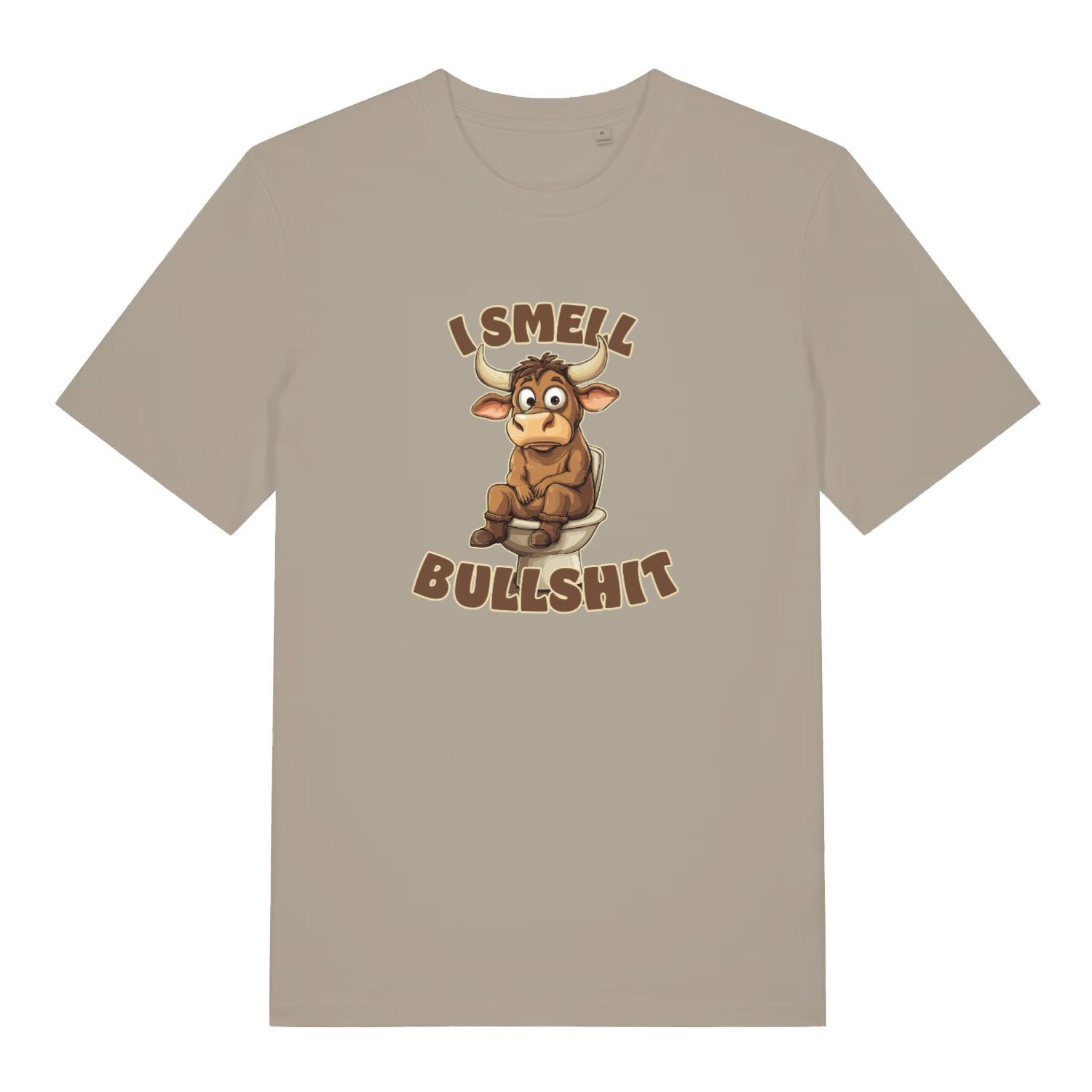 stone funny t-shirt with the graphic of a cartoon bull sat on the toilet and the slogan 'i smell bullshit'