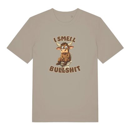 stone funny t-shirt with the graphic of a cartoon bull sat on the toilet and the slogan 'i smell bullshit'