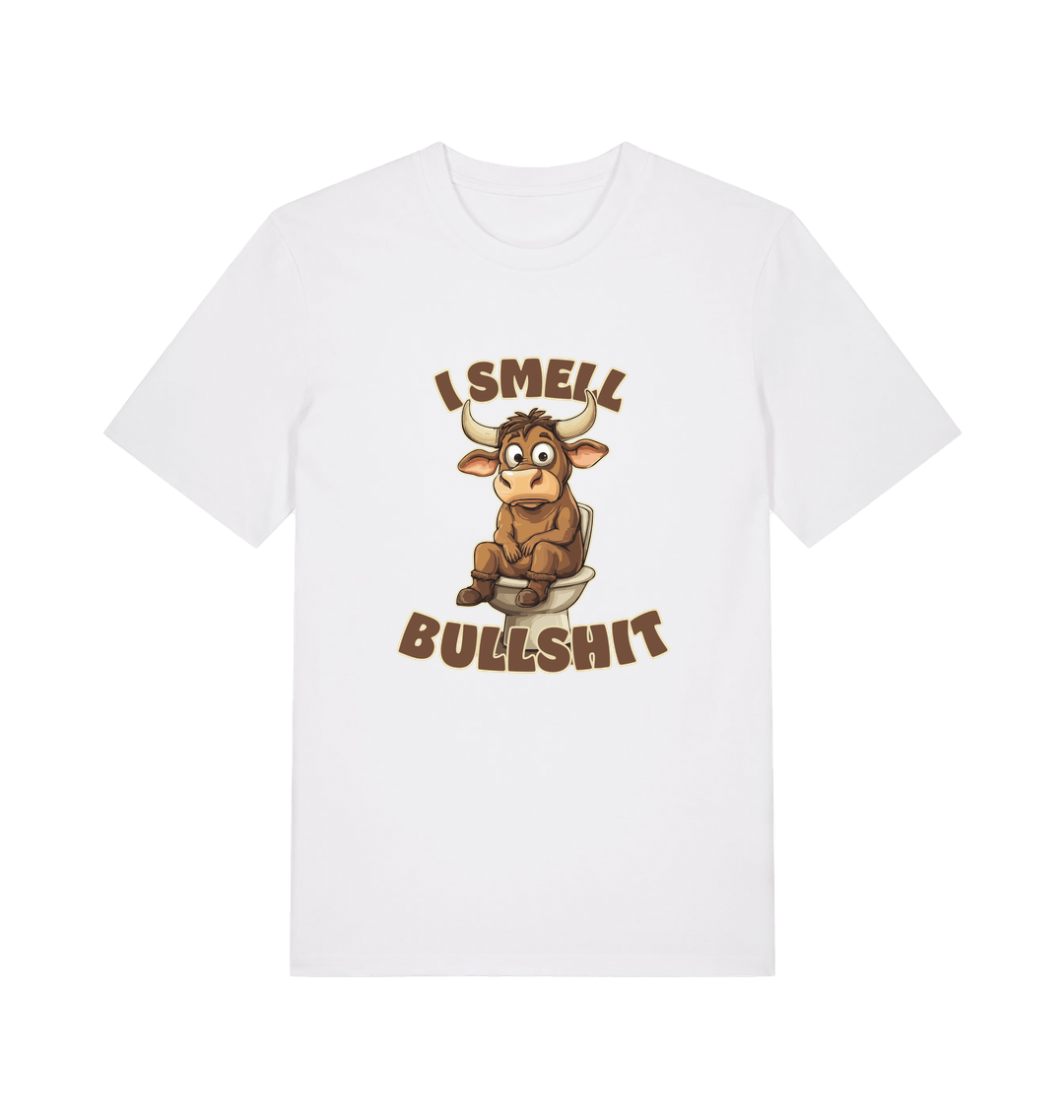 white funny animal t-shirt with the graphic of a bull sat on the toilet and the slogan 'i smell bullshit'