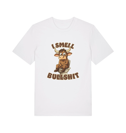 white funny animal t-shirt with the graphic of a bull sat on the toilet and the slogan 'i smell bullshit'