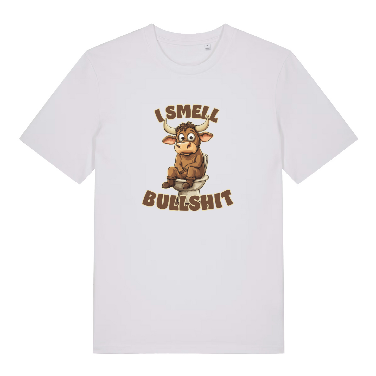 white funny t-shirt with the graphic of a cartoon bull sat on the toilet and the slogan 'i smell bullshit'