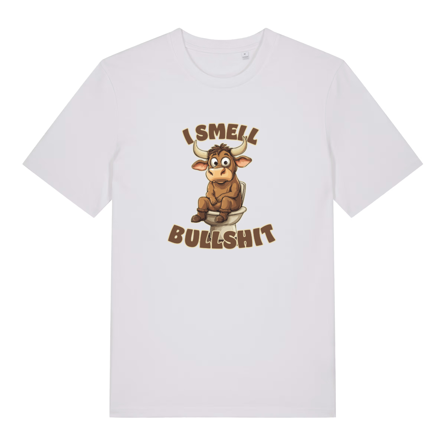 white funny t-shirt with the graphic of a cartoon bull sat on the toilet and the slogan 'i smell bullshit'