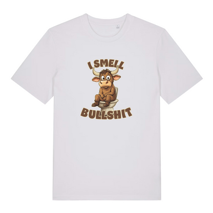 white funny t-shirt with the graphic of a cartoon bull sat on the toilet and the slogan 'i smell bullshit'