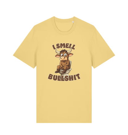 yellow funny animal t-shirt with the graphic of a bull sat on the toilet and the slogan 'i smell bullshit'