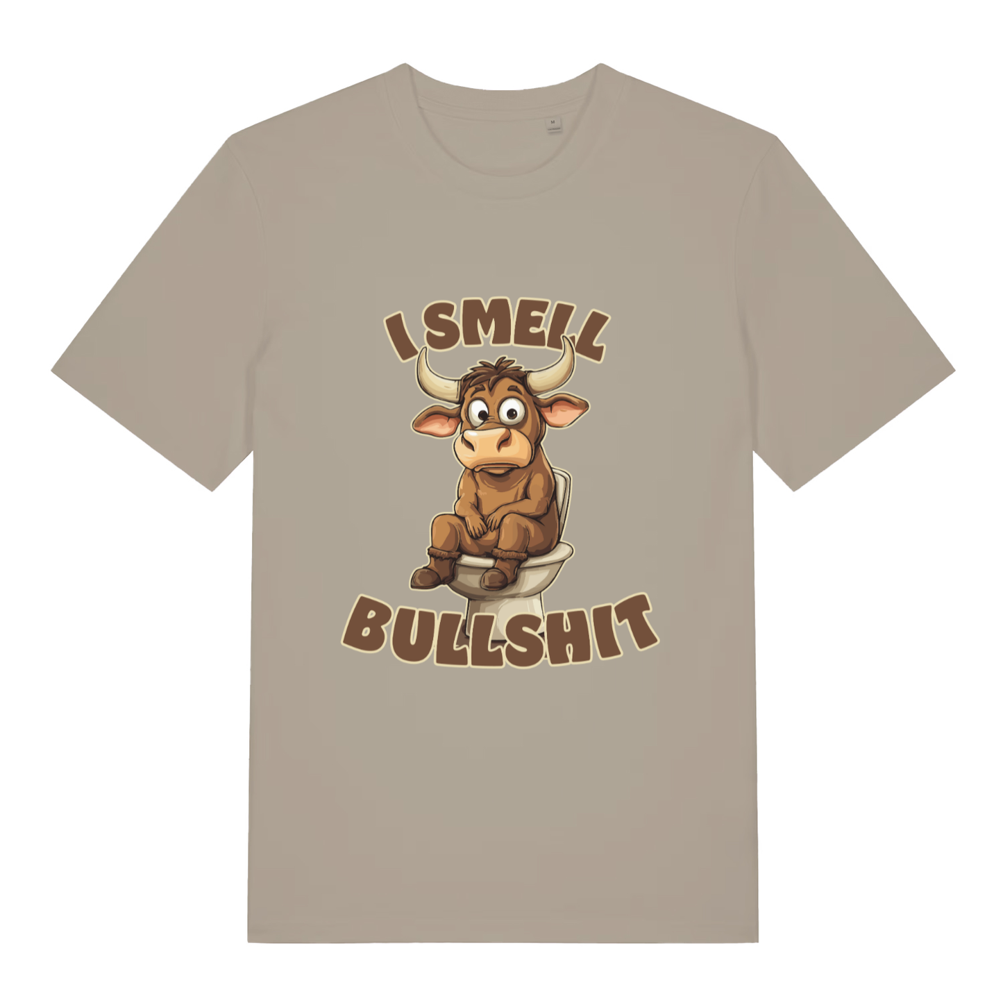 Beige I Smell Bullshit funny animal t-shirt with cartoon bull on toilet design  