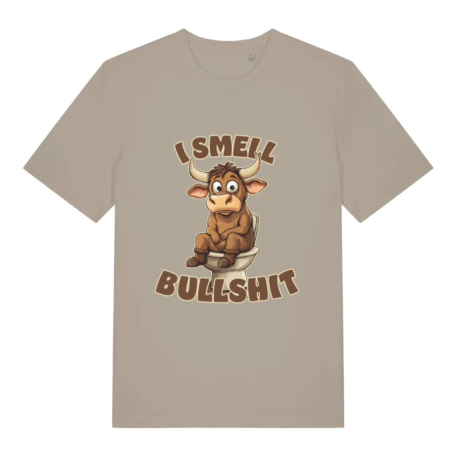 Beige I Smell Bullshit funny animal t-shirt with cartoon bull on toilet design  
