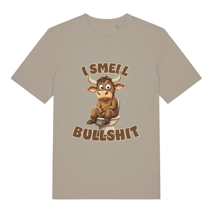 Beige I Smell Bullshit funny animal t-shirt with cartoon bull on toilet design  