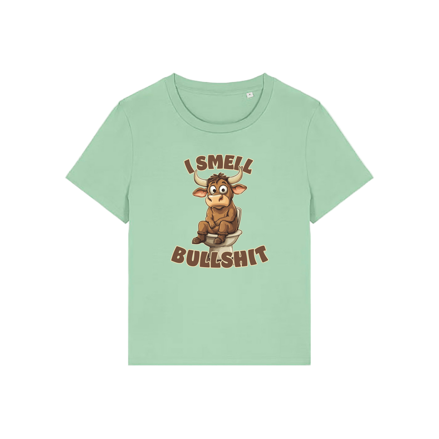 green funny animal t-shirt with the graphic of a bull sat on the toilet and the slogan 'i smell bullshit'
