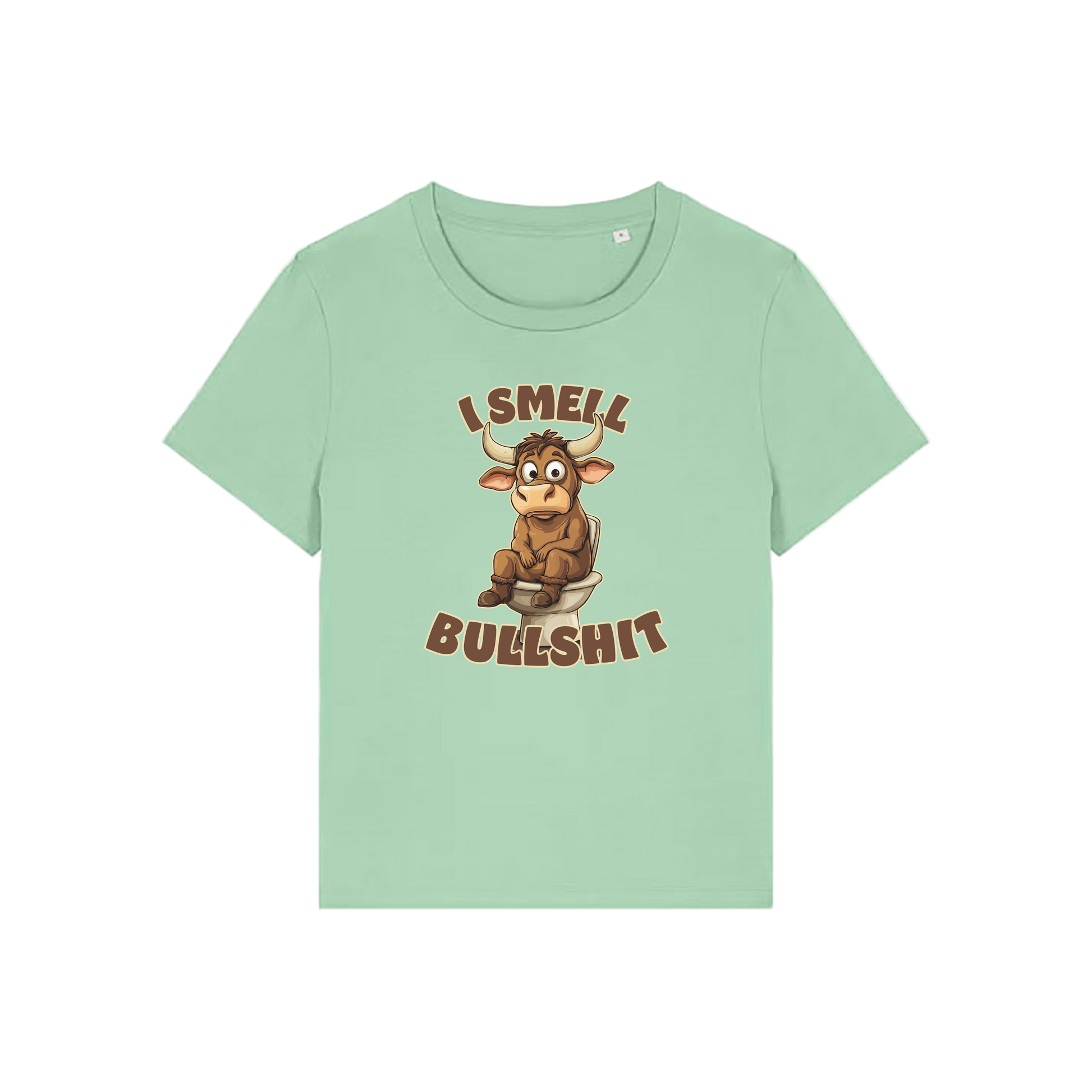 green funny animal t-shirt with the graphic of a bull sat on the toilet and the slogan 'i smell bullshit'