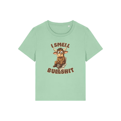 green funny animal t-shirt with the graphic of a bull sat on the toilet and the slogan 'i smell bullshit'