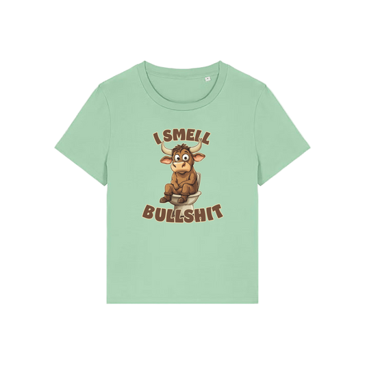green funny animal t-shirt with the graphic of a bull sat on the toilet and the slogan 'i smell bullshit'