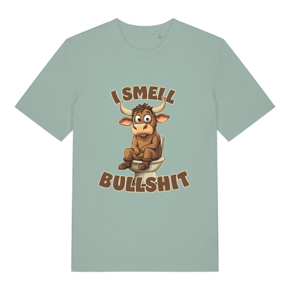 Green I Smell Bullshit funny animal t-shirt featuring cheeky bull graphic  