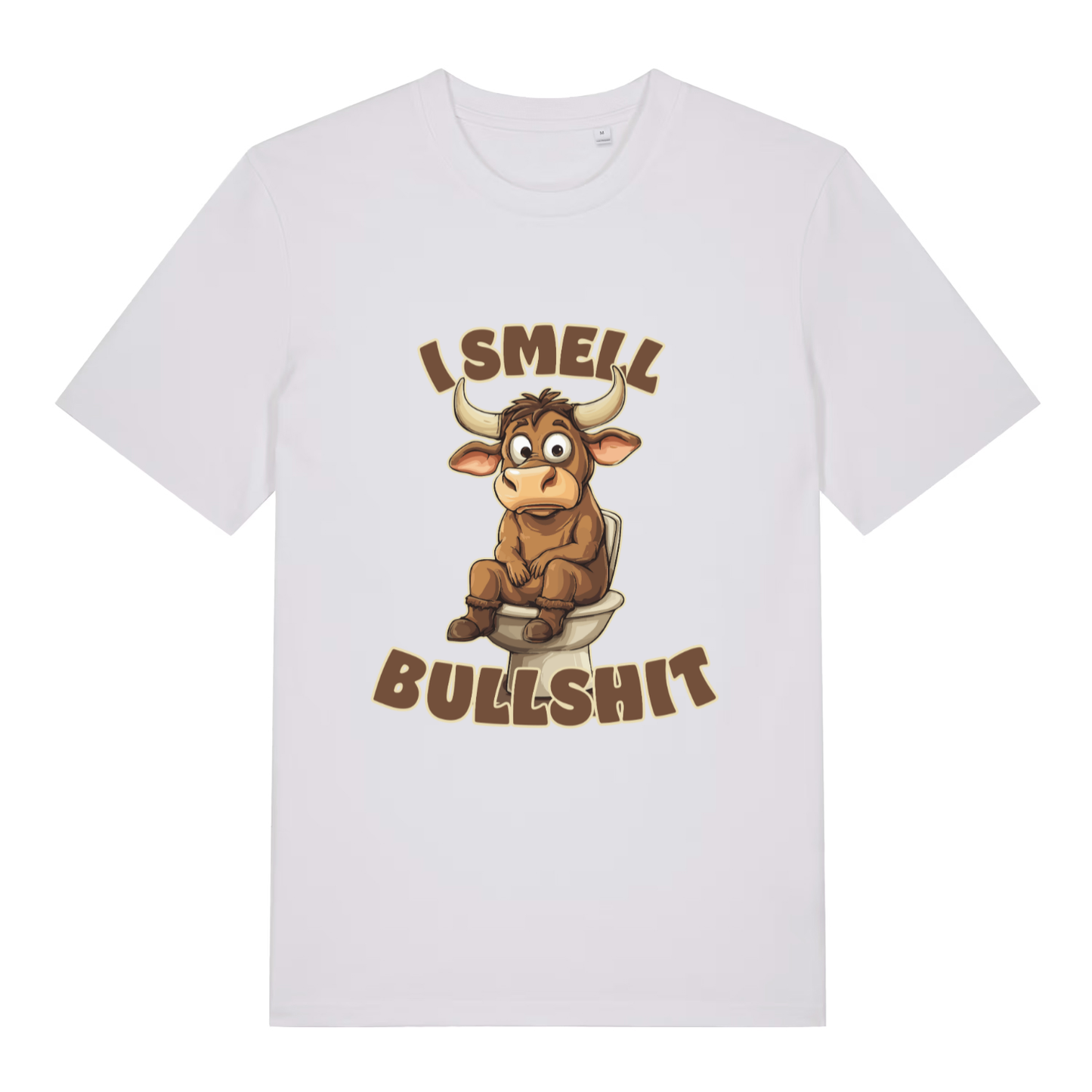 White I Smell Bullshit funny animal t-shirt with classic bull toilet print  