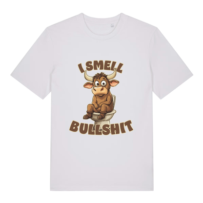 White I Smell Bullshit funny animal t-shirt with classic bull toilet print  