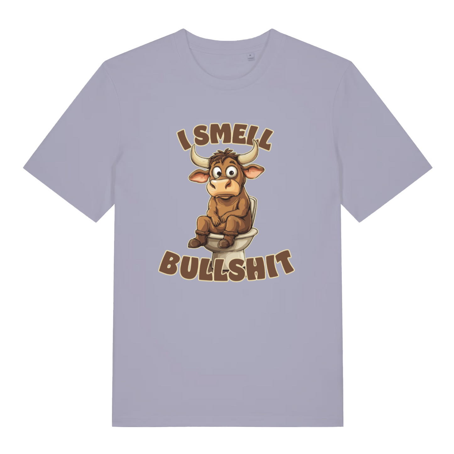 lavender women's funny animal t-shirt with the graphic of a bull sat on the toilet and the slogan 'i smell bullshit'
