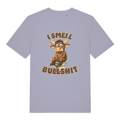 lavender women's funny animal t-shirt with the graphic of a bull sat on the toilet and the slogan 'i smell bullshit'