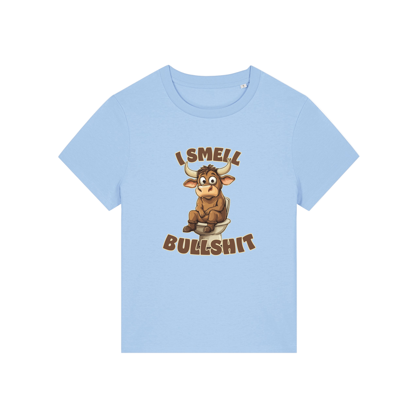 light blue funny animal t-shirt with the graphic of a bull sat on the toilet and the slogan 'i smell bullshit'