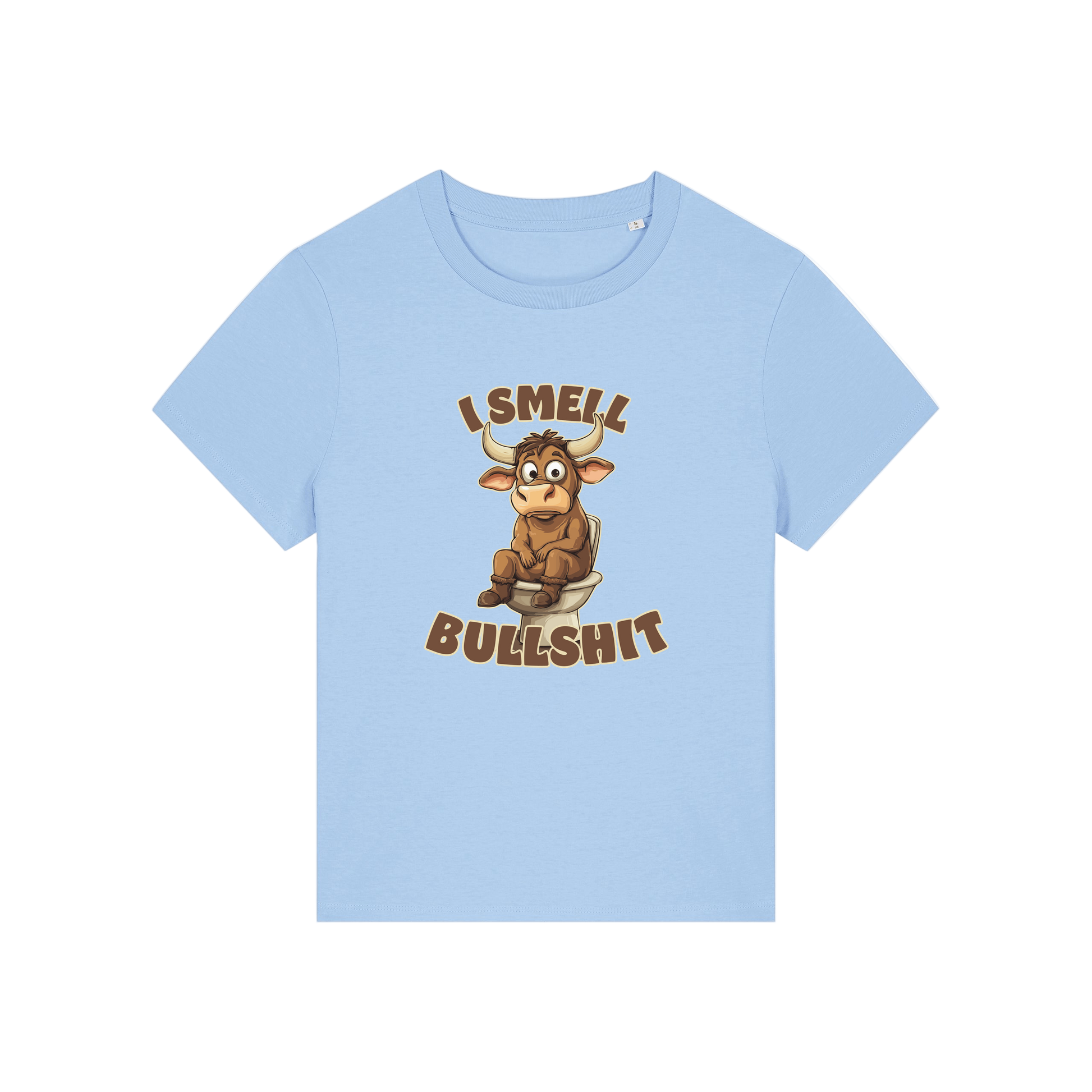 light blue funny animal t-shirt with the graphic of a bull sat on the toilet and the slogan 'i smell bullshit'