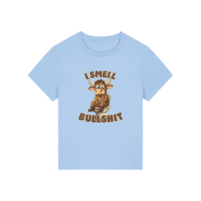 light blue funny animal t-shirt with the graphic of a bull sat on the toilet and the slogan 'i smell bullshit'