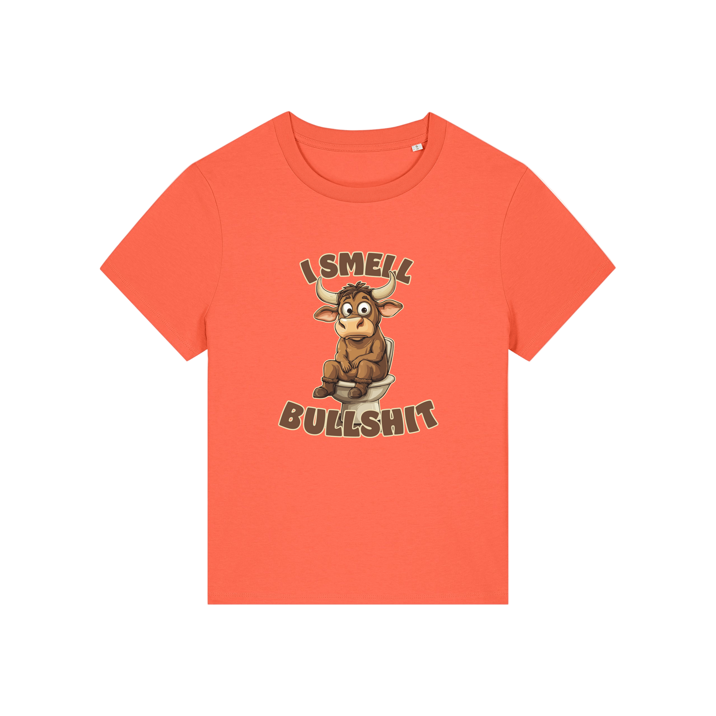 orange funny animal t-shirt with the graphic of a bull sat on the toilet and the slogan 'i smell bullshit'