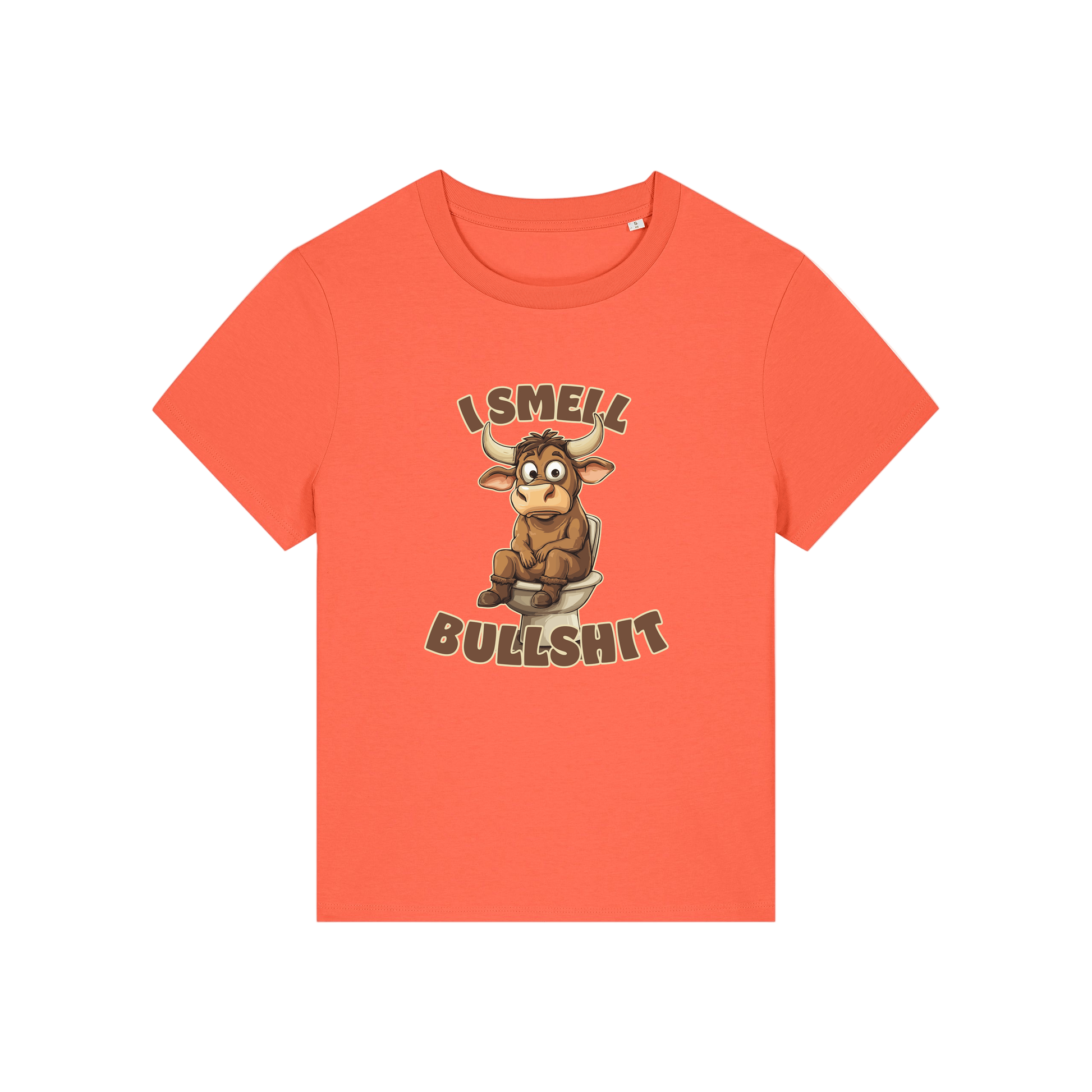 orange funny animal t-shirt with the graphic of a bull sat on the toilet and the slogan 'i smell bullshit'