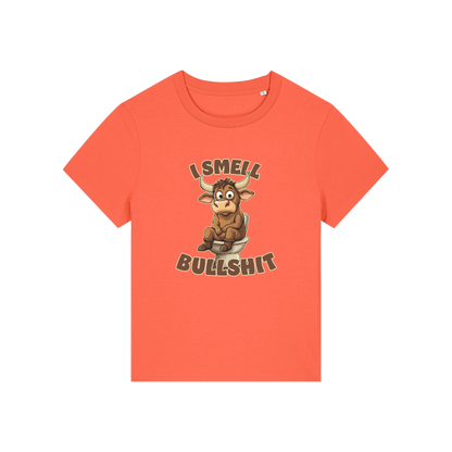 orange funny animal t-shirt with the graphic of a bull sat on the toilet and the slogan 'i smell bullshit'