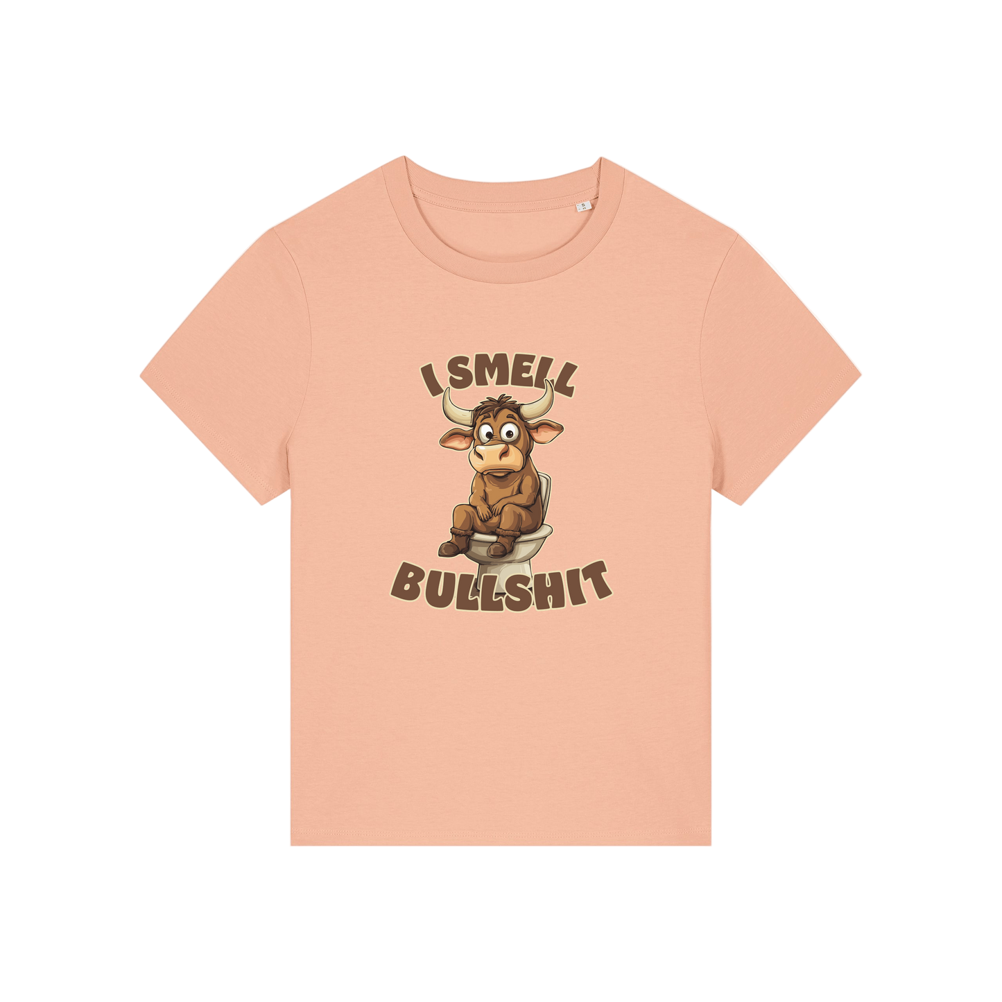 peach funny animal t-shirt with the graphic of a bull sat on the toilet and the slogan 'i smell bullshit'