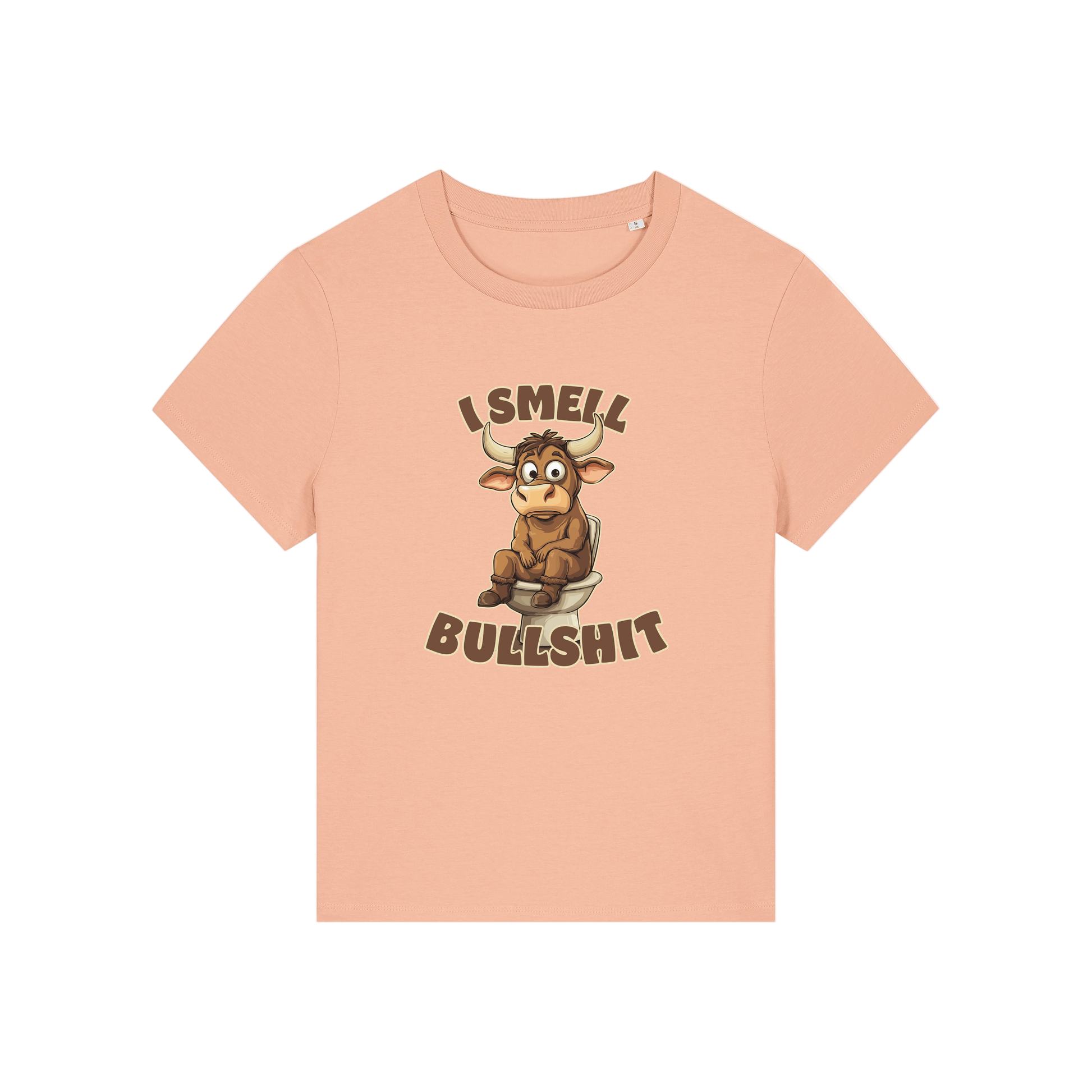 peach funny animal t-shirt with the graphic of a bull sat on the toilet and the slogan 'i smell bullshit'