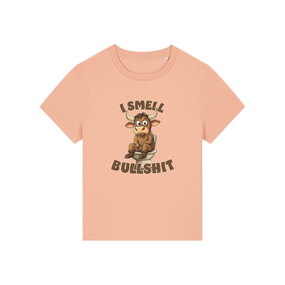 peach funny animal t-shirt with the graphic of a bull sat on the toilet and the slogan 'i smell bullshit'