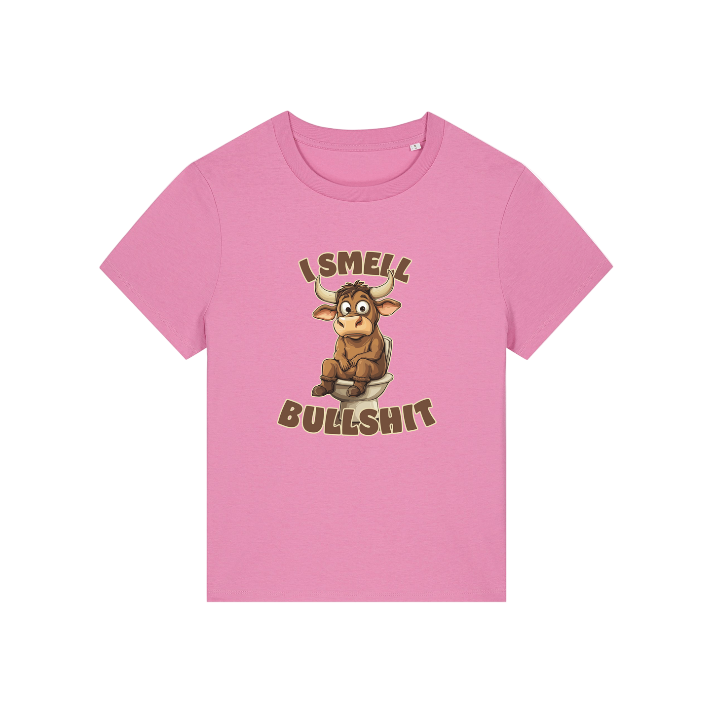 pink funny animal t-shirt with the graphic of a bull sat on the toilet and the slogan 'i smell bullshit'