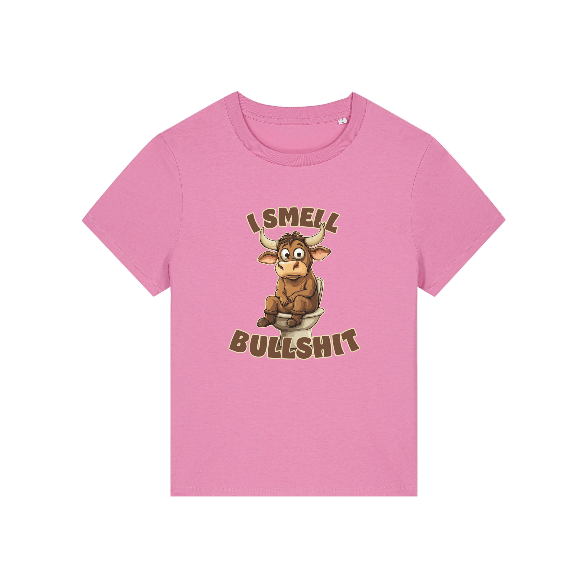 pink funny animal t-shirt with the graphic of a bull sat on the toilet and the slogan 'i smell bullshit'