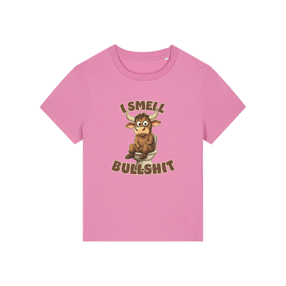 pink funny animal t-shirt with the graphic of a bull sat on the toilet and the slogan 'i smell bullshit'