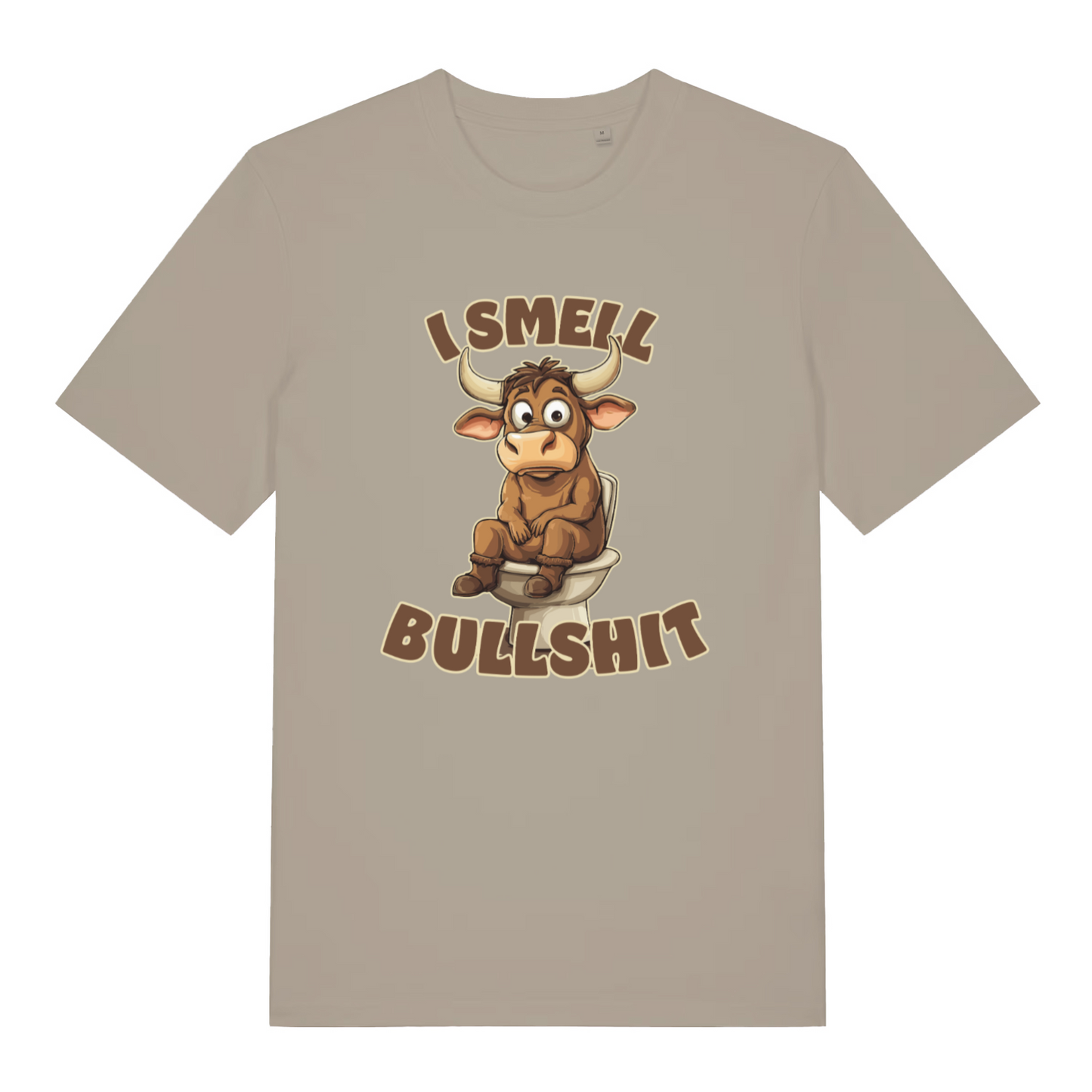 stone women's funny animal t-shirt with the graphic of a bull sat on the toilet and the slogan 'i smell bullshit'