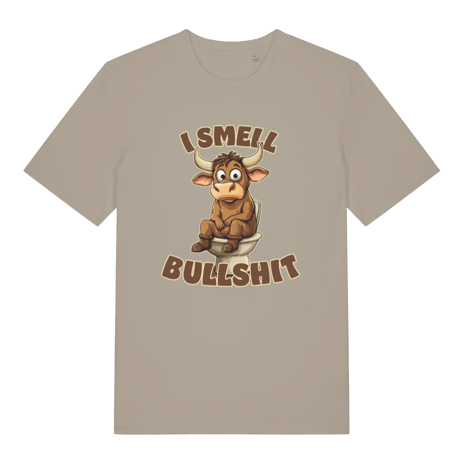 stone women's funny animal t-shirt with the graphic of a bull sat on the toilet and the slogan 'i smell bullshit'