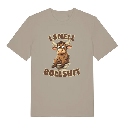stone women's funny animal t-shirt with the graphic of a bull sat on the toilet and the slogan 'i smell bullshit'