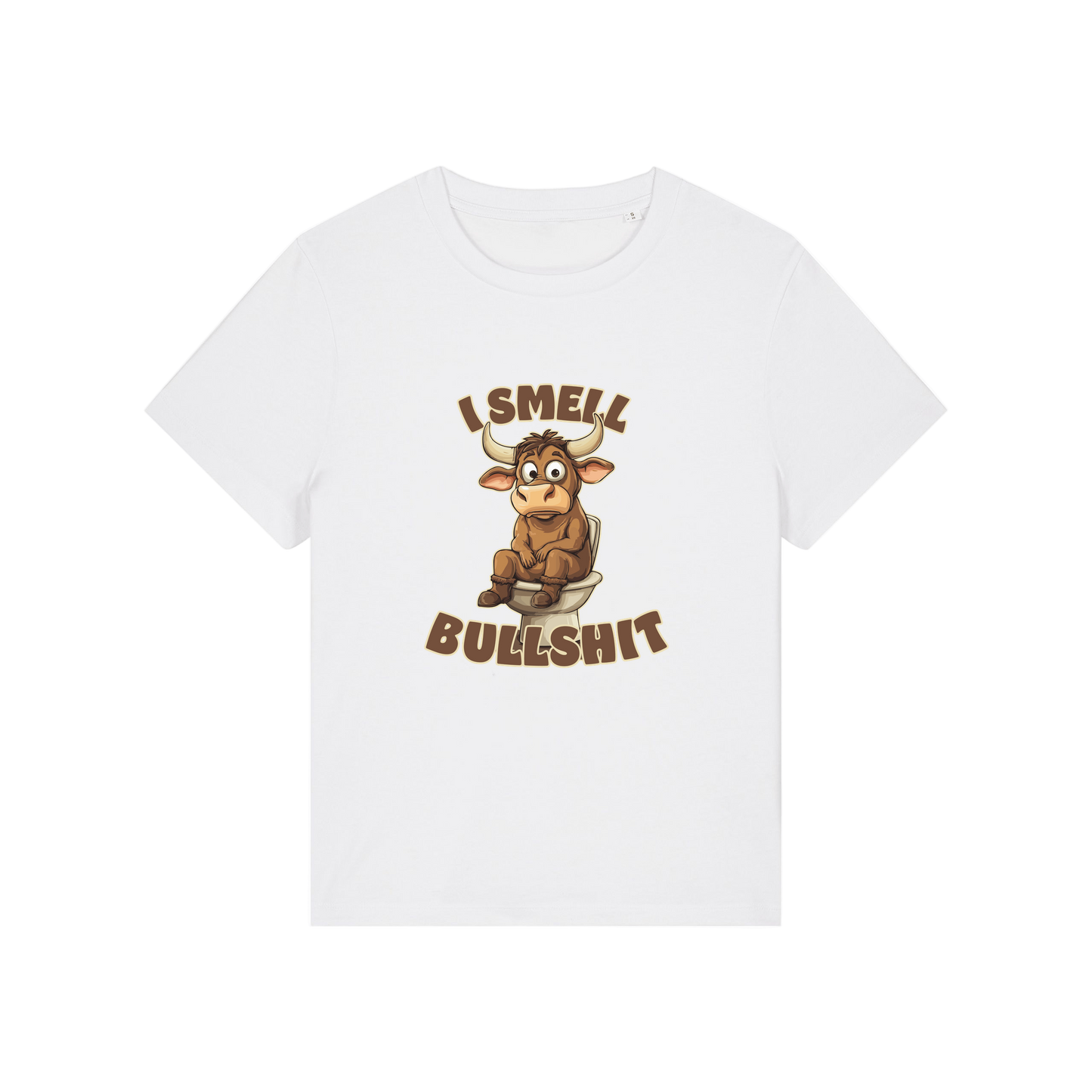 white funny animal t-shirt with the graphic of a bull sat on the toilet and the slogan 'i smell bullshit'